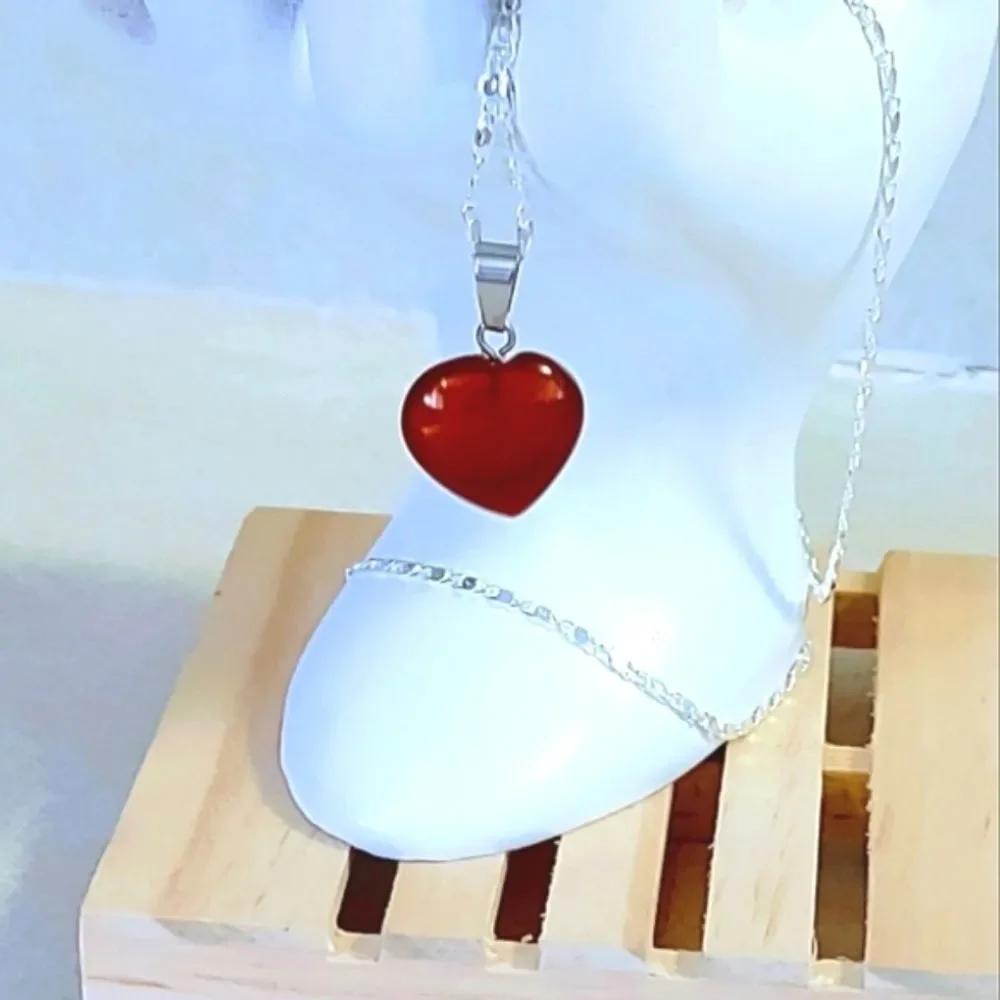 Natural carnelian stone HEART PENDANT SILVER PLATED CHAIN NECKLACE - Picture 2 of 8